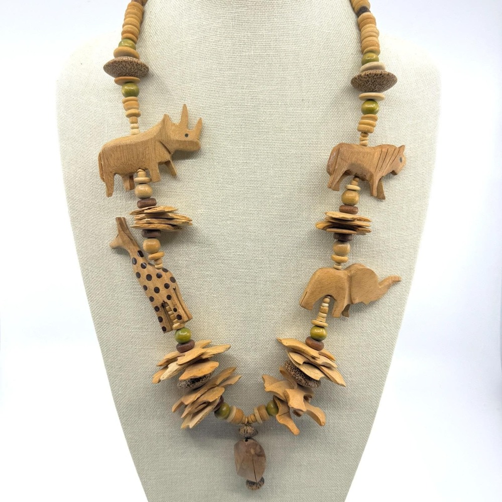 Hand Carved Wood Safari Animal Bead Necklace Elephant Giraffe Rhino Boho Gift